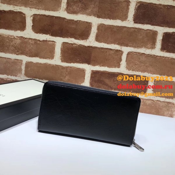 Replica Gucci Black Cheap Leather Zip Around Wallet With Interlocking G 575988