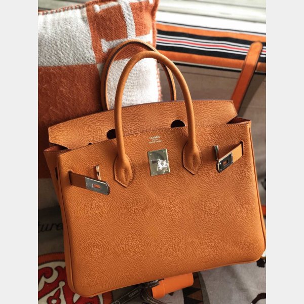 Hermes Birkin Epsom leather Handbags Orange Silver