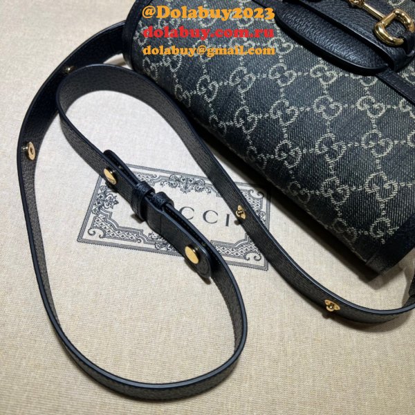 Gucci Designer Horsebit 1955 shoulder 602204 Fake bag in black and ivory GG